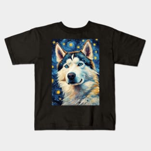 Siberian Husky Painting Dog Breed in a Van Gogh Starry Night Art Style Kids T-Shirt